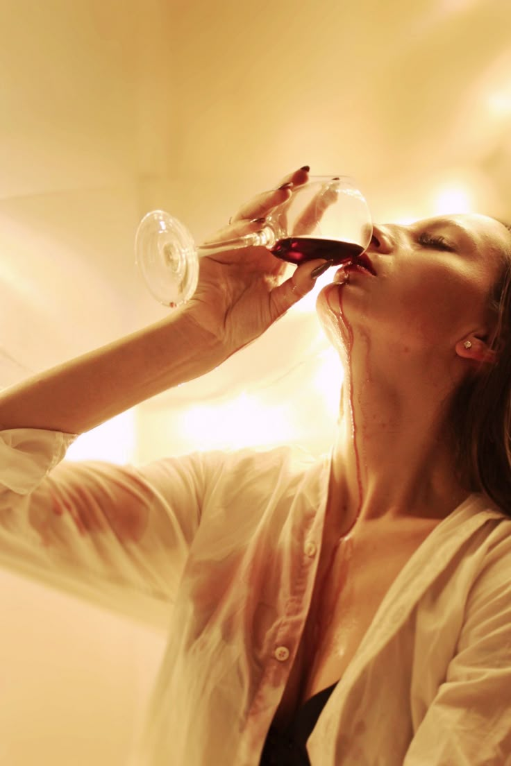 Wine Stained Shirt Aesthetic, Pouring Alcohol Into Mouth Aesthetic, Sipping Wine Pose, Woman Wine Photography, Women With Wine Photography, Wine Portrait Photography, Drinking Wine Photoshoot, Person Drinking Wine Reference, Messy Eating Photography