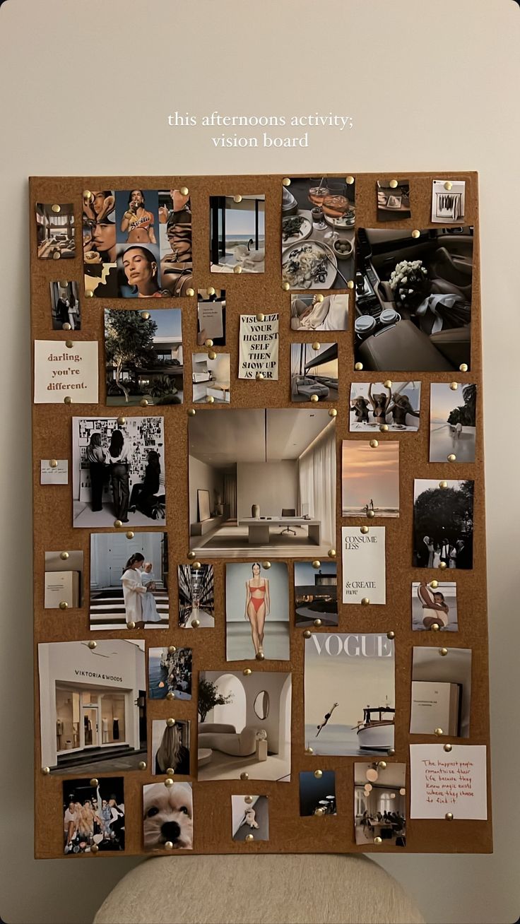 a cork board with pictures and words on it