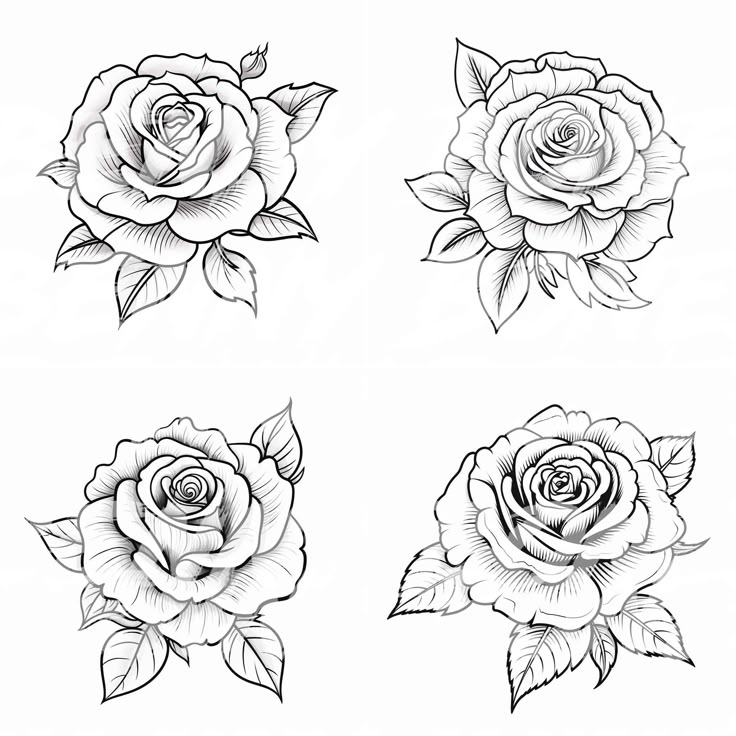 four roses with leaves on each side and one flower in the middle, all black and white