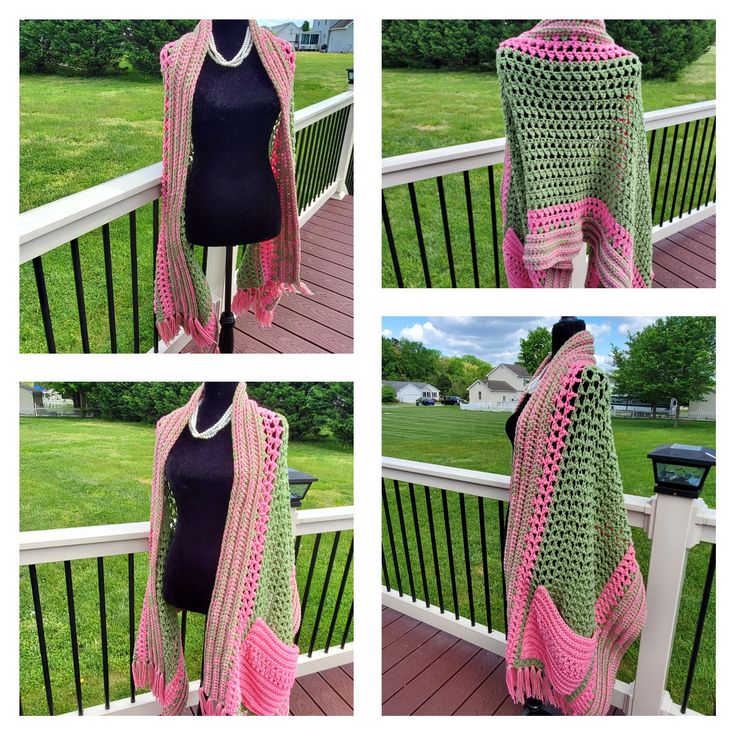 four pictures of a woman wearing a pink and green crocheted shawl on a porch