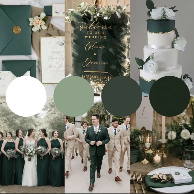 a collage of wedding photos with green and white color palettes for the bride and groom