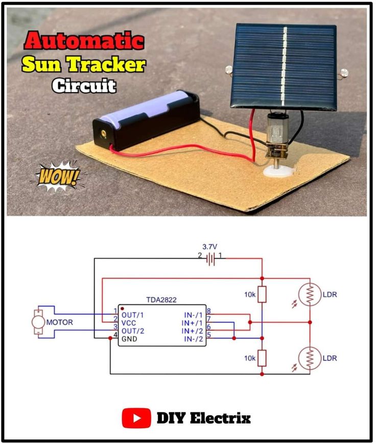 an automatic sun tracker circuit is shown with the instructions on how to wire it up