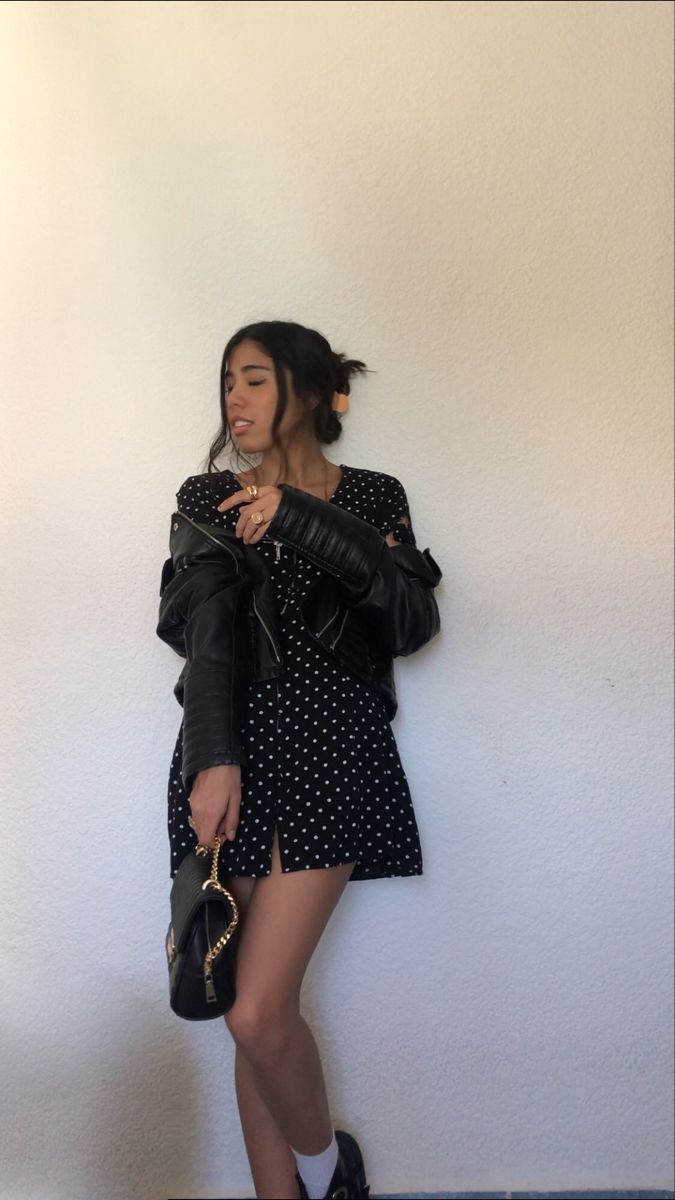 Polka Dot Dress Aesthetic, Black Polka Dot Dress Outfit, Polkadot Outfit, Dot Dress Outfit, Polka Dot Dress Outfit, Black Dress Aesthetic, Dress Shorts Outfit, Jessica Day, Black Polka Dot Dress