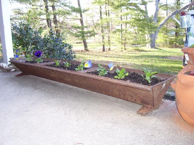 a planter filled with lots of flowers sitting on top of a cement floor next to a tree