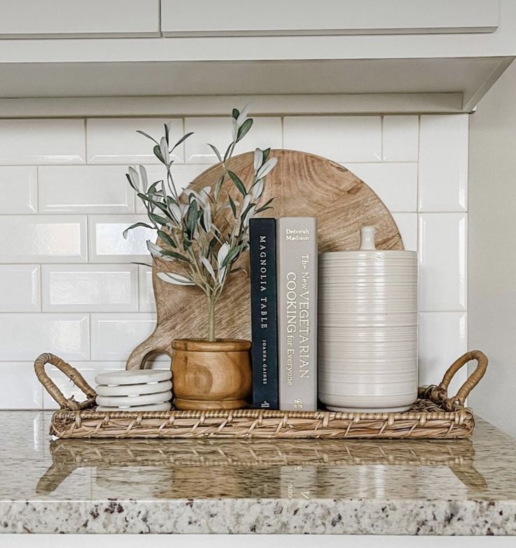 the kitchen counter is clean and ready to be used as a shelf for cookbooks