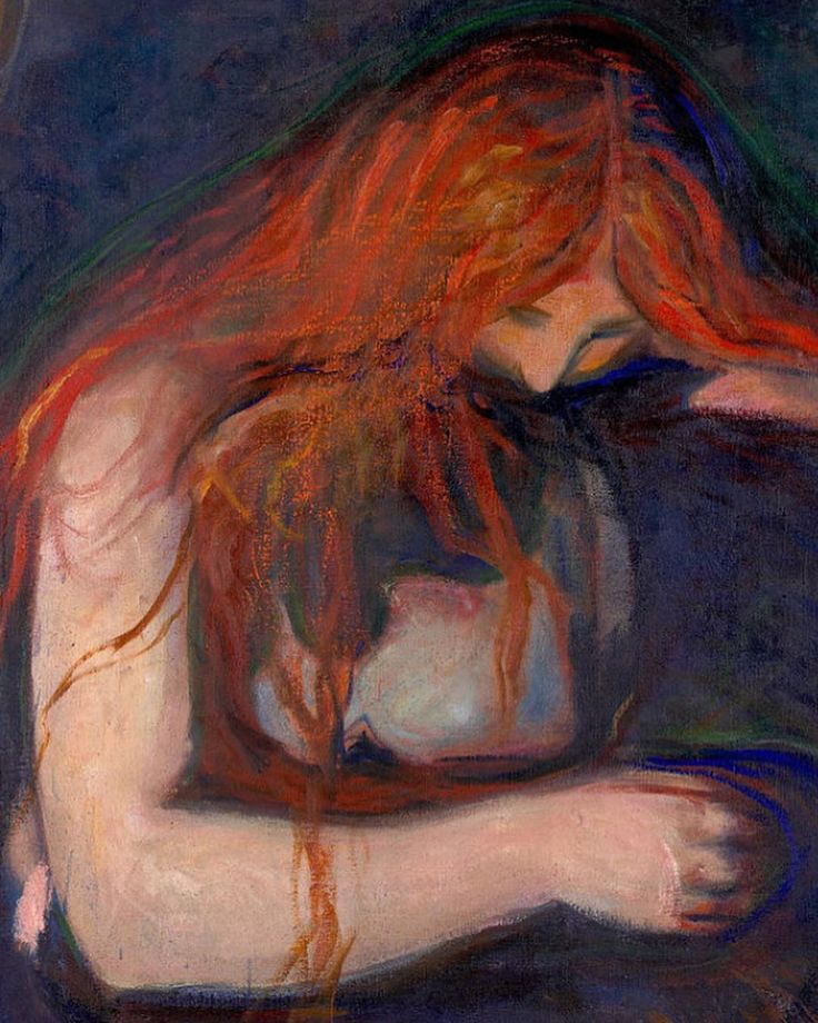 a painting of a woman with red hair and eyes closed, holding her arms behind her back