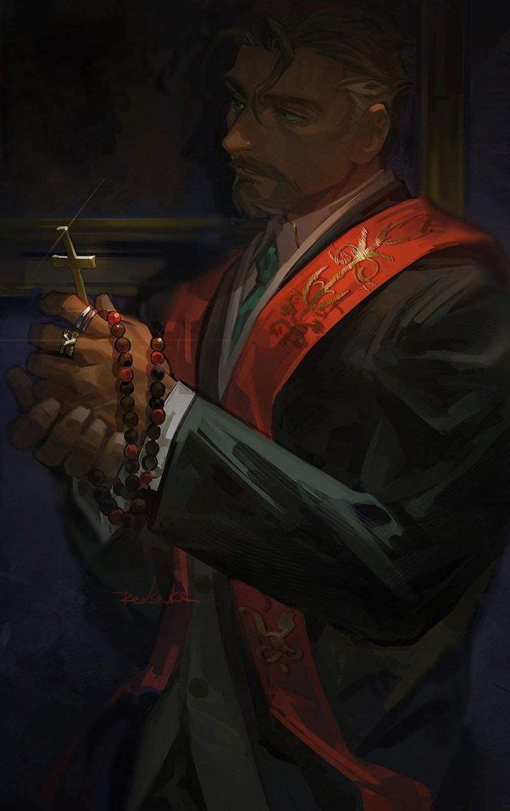 a man in a red vest holding a rosary and a cross on his left hand