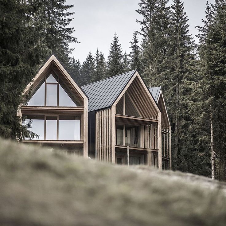 two wooden houses in the woods with trees around them