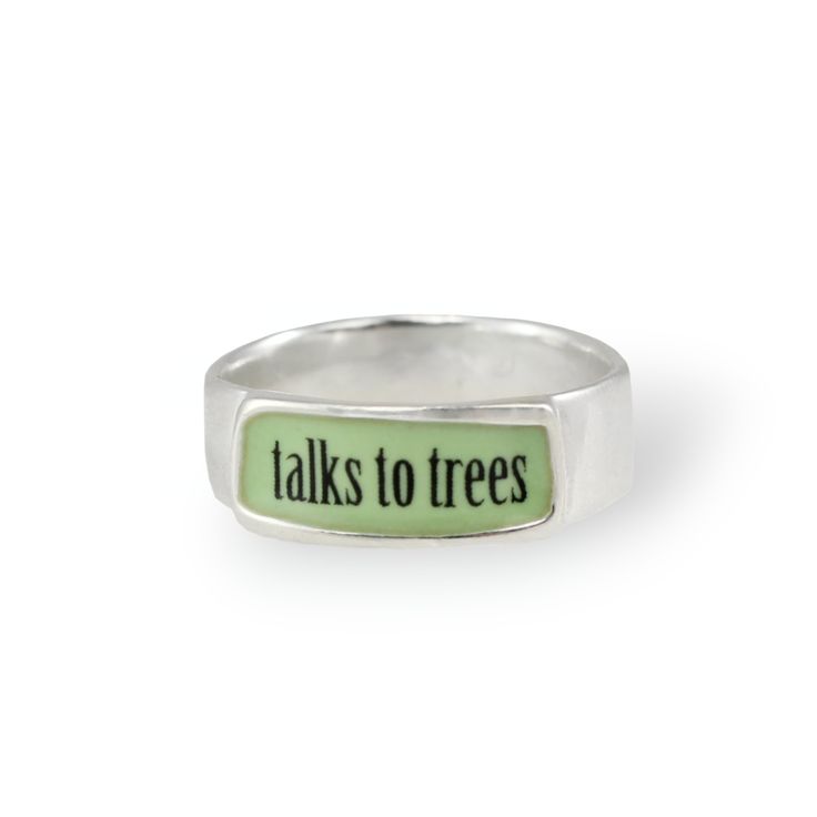 Sterling Silver and Enamel Talks to Trees Band Ring This band ring is unisex and perfect for sending a message! Great for your nature loving friends. Each piece is cast in sterling silver, to which 3 layers of vitreous enamel are applied and fired. Finally, I apply and fire the custom screen prints made from my drawings. Adorable, durable, and unique! Band width goes from 1/8" up to 1/4" depending on the size. Available in whole sizes 5-11. Each item comes in a cute box ready for gift giving, wi Talk To Trees Ring, Weird Rings Silver, Unique Sterling Silver Enamel Ring, Fairygrunge Rings, Silver Sterling Vintage Enamel Ring, Unique Silver Enamel Ring Collectible, Funky Rings, Custom Screen Printing, Vitreous Enamel