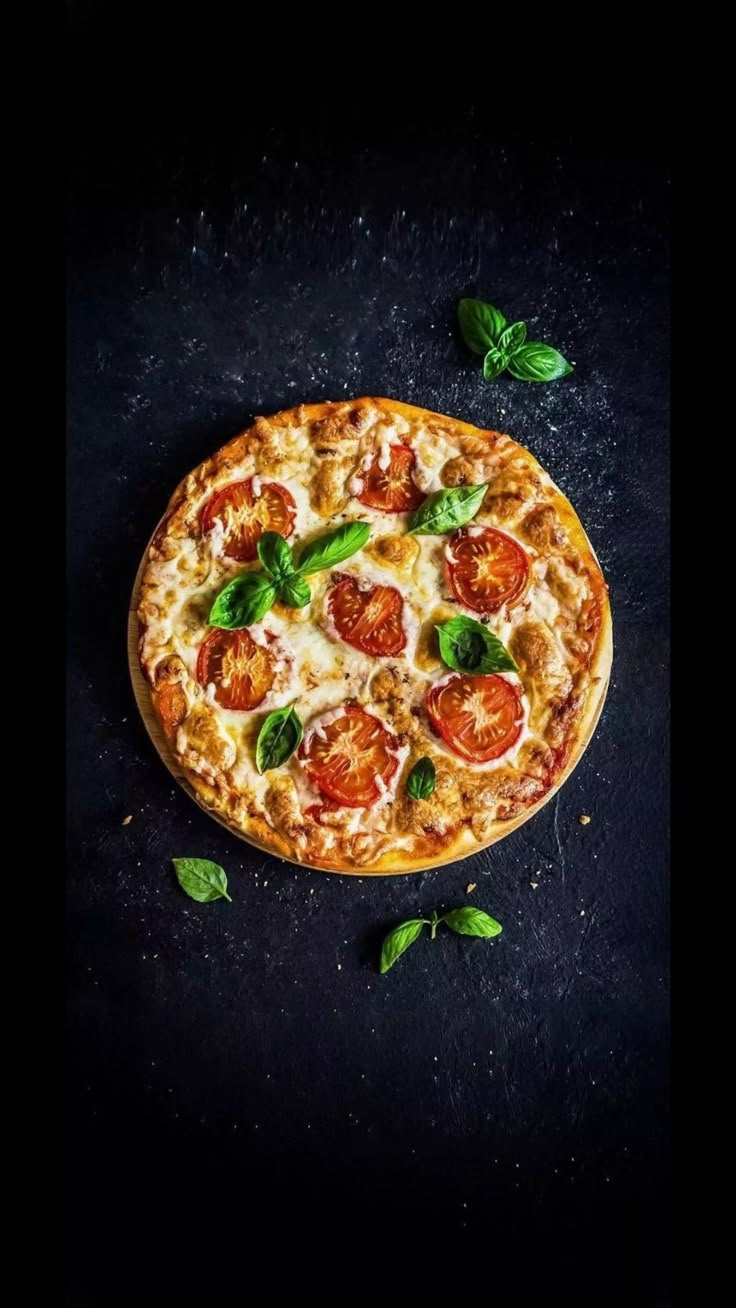 a pizza sitting on top of a black table