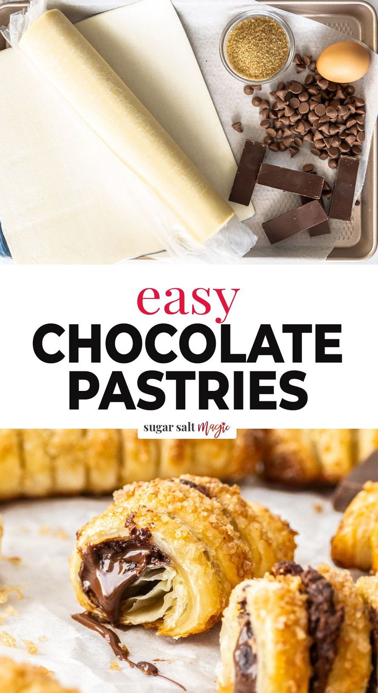 chocolate pastries on a baking sheet with the words easy chocolate pastries above them