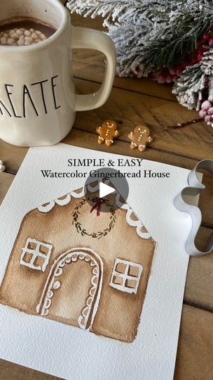 How To Paint Gingerbread House, Gingerbread House Watercolor Painting, Gingerbread House Watercolor, Watercolor Gingerbread House, Painted Gingerbread Houses, Watercolor Christmas Art, Watercolor Gingerbread, Paper Bag Books, House Outline