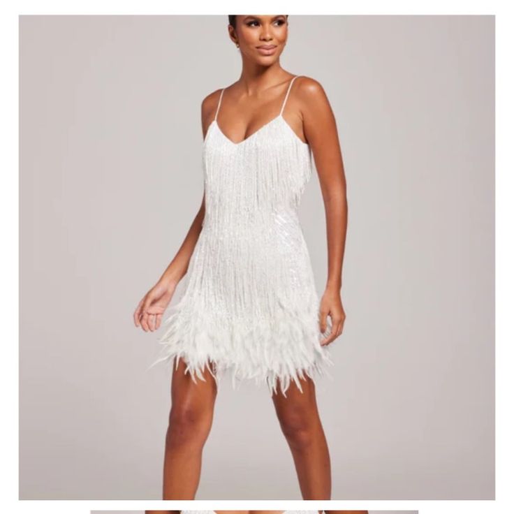 Ordered For Afrer Party And Decided To Go With Something Else. This Was Newly Ordered But Strangely Didn’t Come With Tags But Never Worn Other Than Try On White Fringe Dress Nashville, Lottie Dress, White Beaded Dress, Nadine Merabi, Cotton Loungewear, Outfit Jeans, Feather Dress, Cotton Coat, Long Sleeves Coats