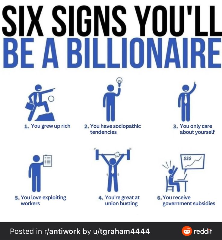 the six signs you'll be a billionaire are shown in blue and white