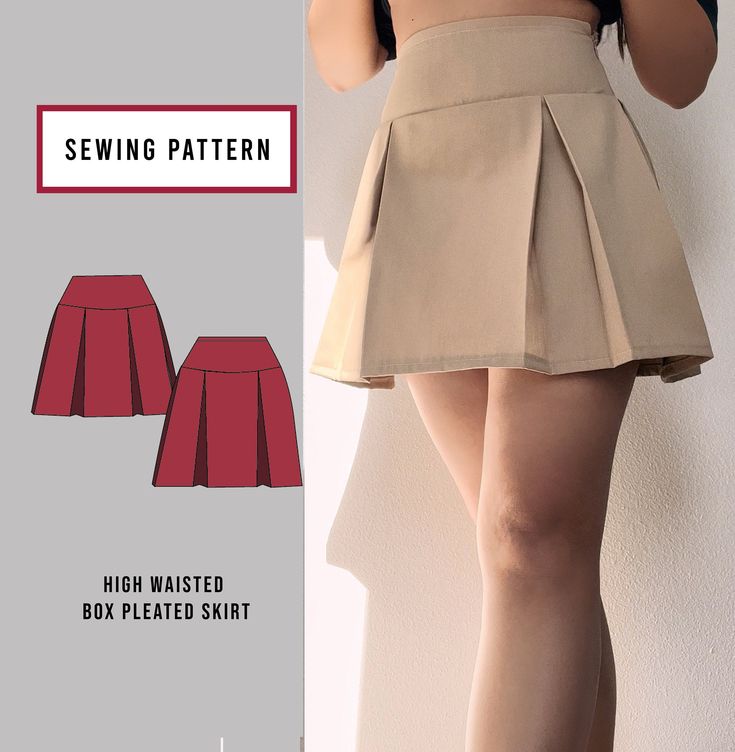 "High Waisted Box Pleat Skirt PDF sewing pattern and pictured instructions. Youtube Tutorial: https://youtu.be/lzsR40ugqIk Size: XS to XL  Reference Size Chart Seam allowance is included. 3/8 inch all around and 1/2 inch at hem.  Front skirt length is 13 inches. Back skirt length is 13.5 inches. *This pattern is for personal use only. Not to be used for commercial purposes. Thank you for respecting the rights of the designer. Copyright 2022. *Required materials: 1/2 yard  -woven/cotton material Pleated Skirt Pattern, Pola Rok, Pattern Mini Skirt, Rok Mini, Pattern Printable, Sewing Projects Clothes, Skirt Sewing, Box Pleat Skirt, Diy Clothes Design