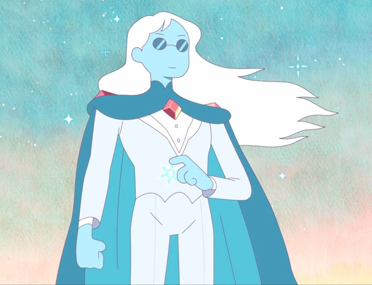 an animated character with long white hair wearing a blue cape and standing in front of stars