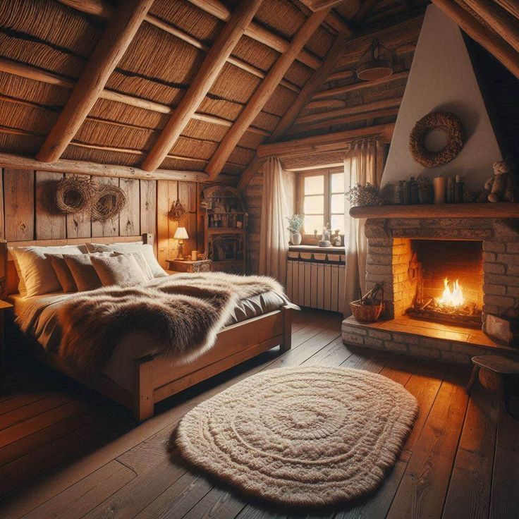 a bed sitting in a bedroom next to a fire place under a roof with wooden beams