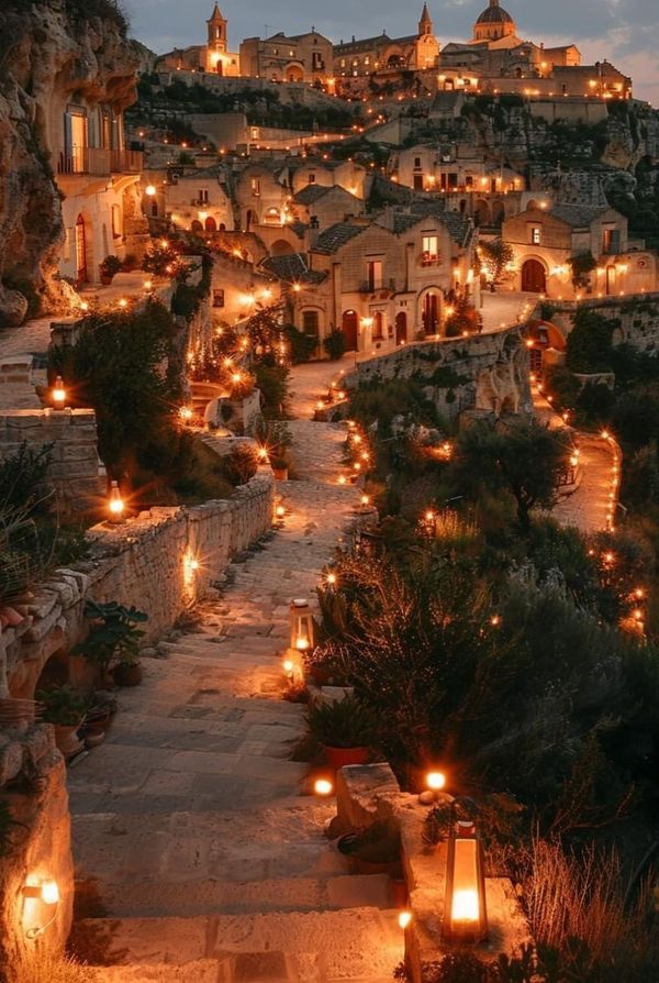 an old town with lots of candles lit up on the steps and buildings in the background