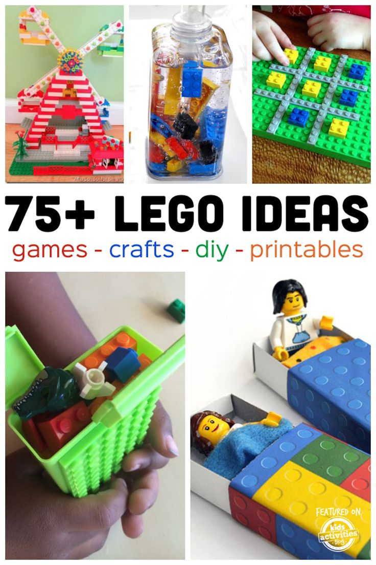 lego crafts and activities for kids to do at home or in the classroom with text overlay that reads 75 + lego ideas games - crafts diy - diy - printables