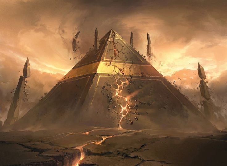 an artistic painting of a pyramid with lightning coming out of it's top and clouds in the background