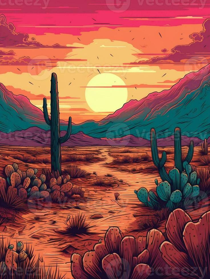 illustration of a desert scene with a cactus and a sunset. generative ai. Diy Desert Wall Mural, Sunset In The Desert, Desert Illustration Art, Cactus Mural, Desert Sunset Art, New Mexico Sunset, Sunset Simple, Desert Paintings, Desert Drawing