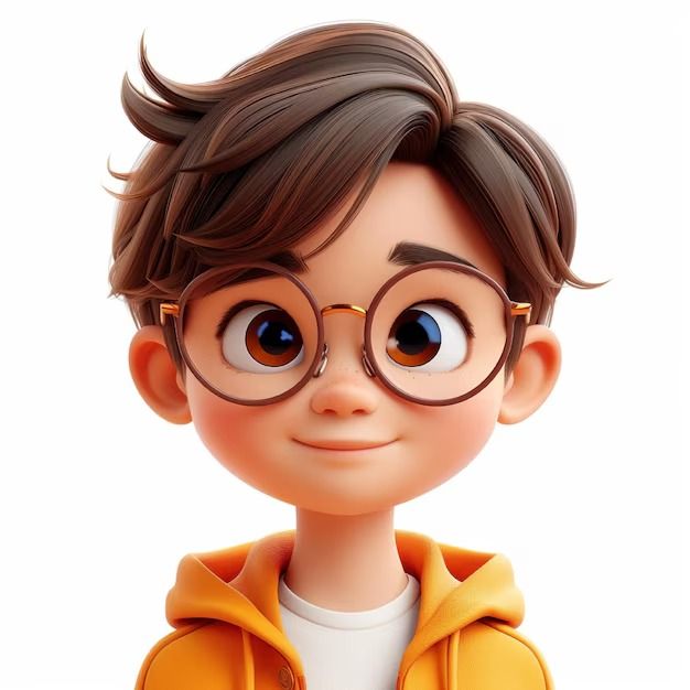 a cartoon boy with glasses and an orange jacket