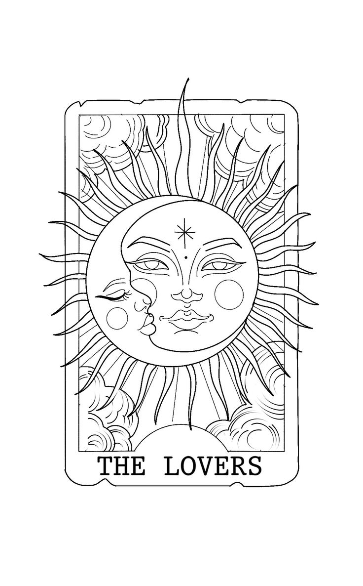 the lovers tarot card is shown in black and white, with sun above it