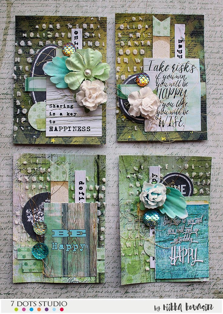 four cards with flowers and words on them, all made up of different types of paper