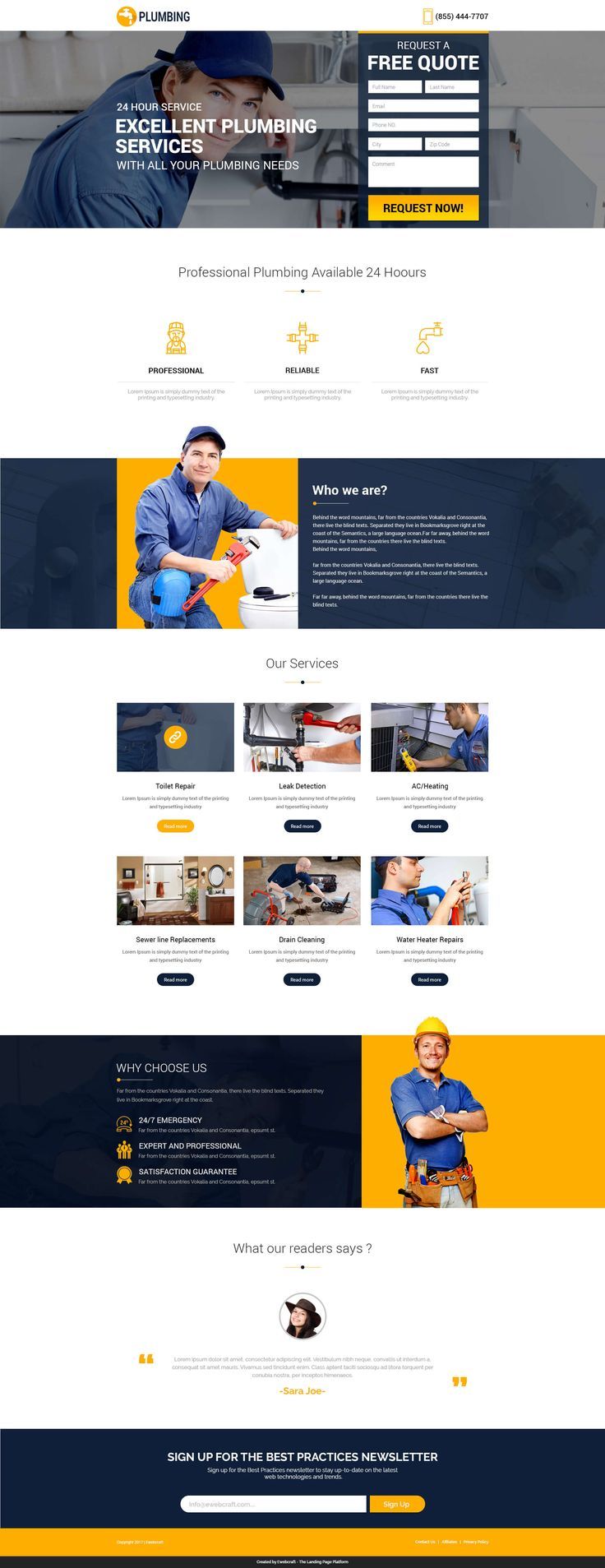 an image of a website design for a repair company, with yellow and blue colors