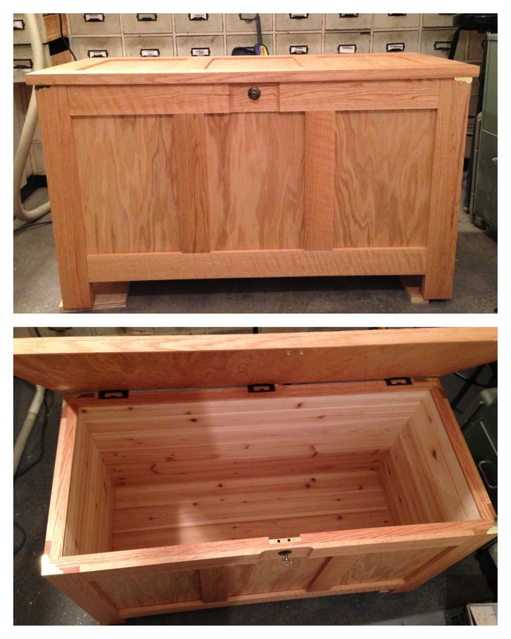 two pictures showing the inside and outside of a wooden chest with drawers on each side