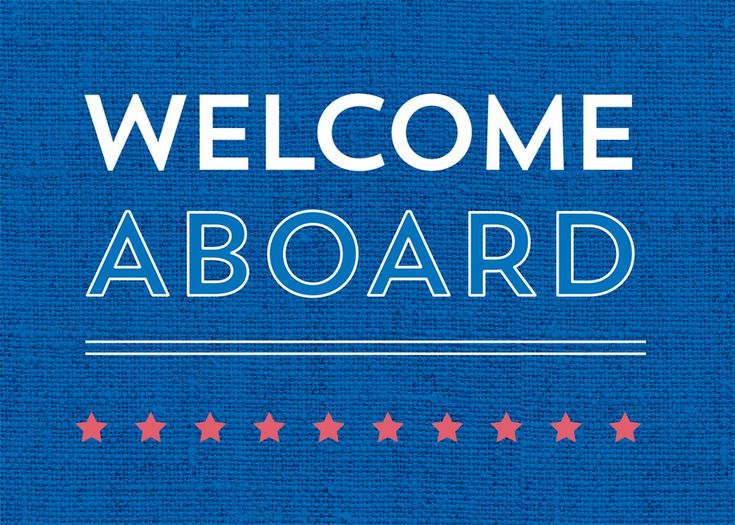 a blue welcome aboard sign with stars on it