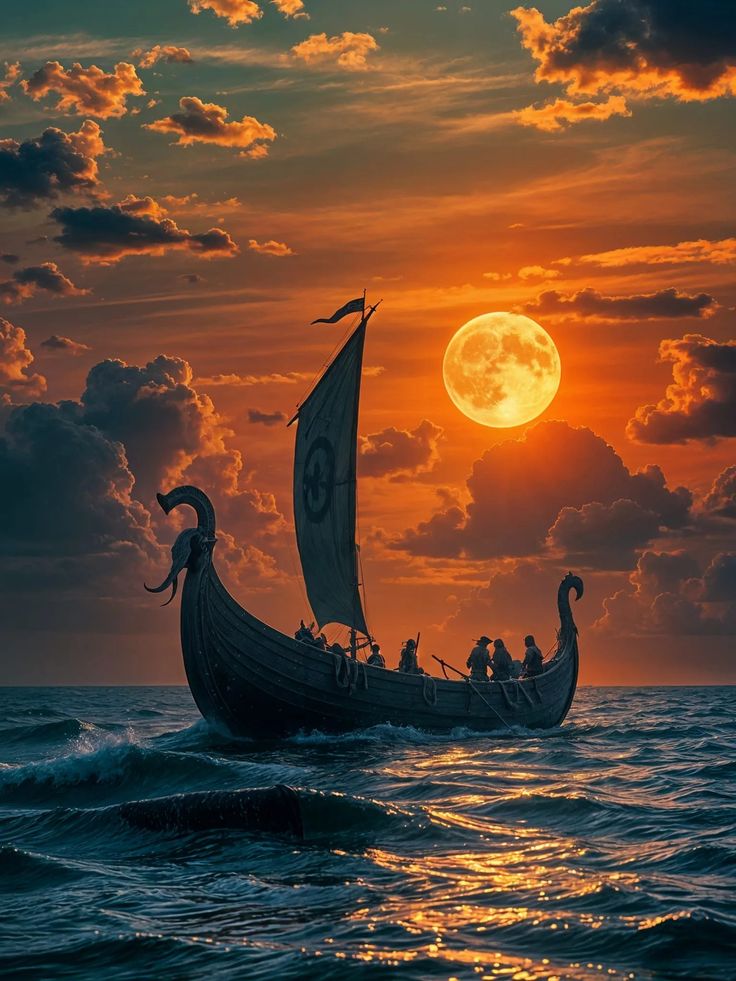 a boat with people on it floating in the ocean at sunset, under a full moon