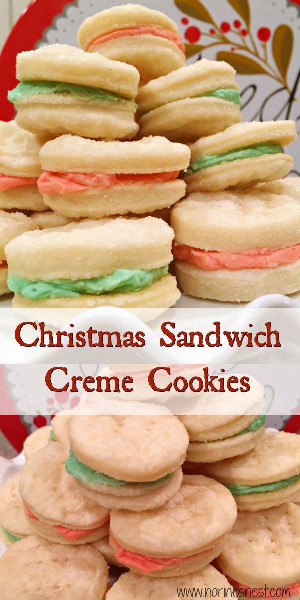 christmas sandwhich creme cookies stacked on top of each other with the words, christmas sandwhich creme cookies