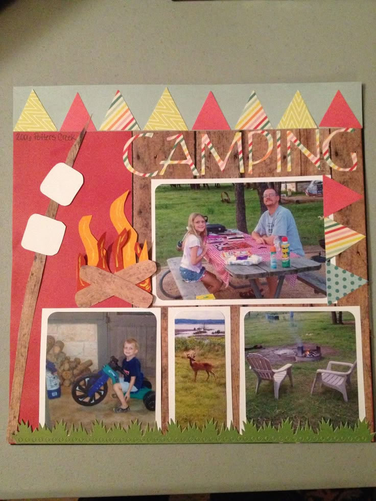 a scrapbook with pictures of people sitting at a picnic table in front of a campfire