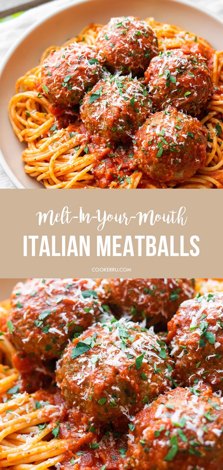 Italian meatballs served over a bowl of spaghetti Homemade Italian Meatballs, Italian Meatballs Recipe, Meatball Recipes Easy, Italian Meatballs, Fettuccine Alfredo, Pasta Dinner Recipes, Spaghetti And Meatballs, Beef Recipes Easy, Minestrone