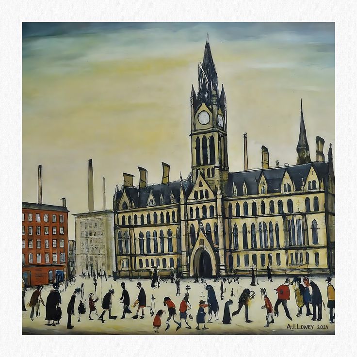 a painting of people walking around in front of a large building with a clock tower