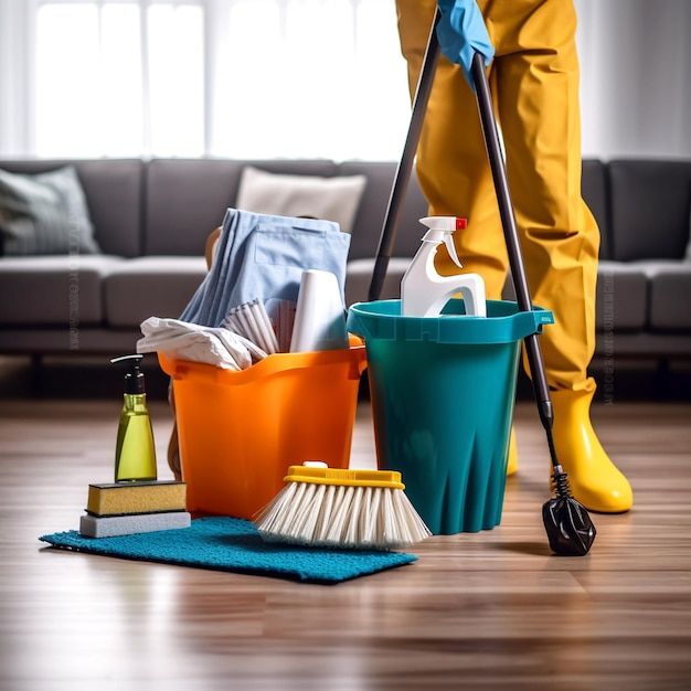 a person in yellow pants and rubber boots holding a mop next to buckets with cleaning supplies