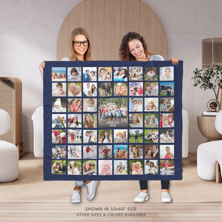 two women holding up a blanket with photos on it and the words show in 20 square sizes