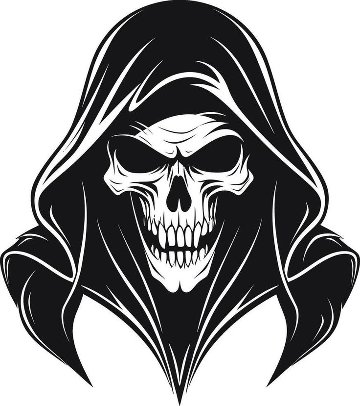 a skull wearing a hooded hood and holding a knife