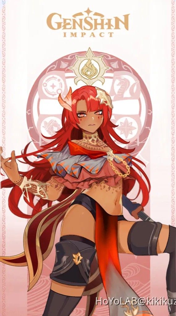 an anime character with long red hair and horns on her head, standing in front of a