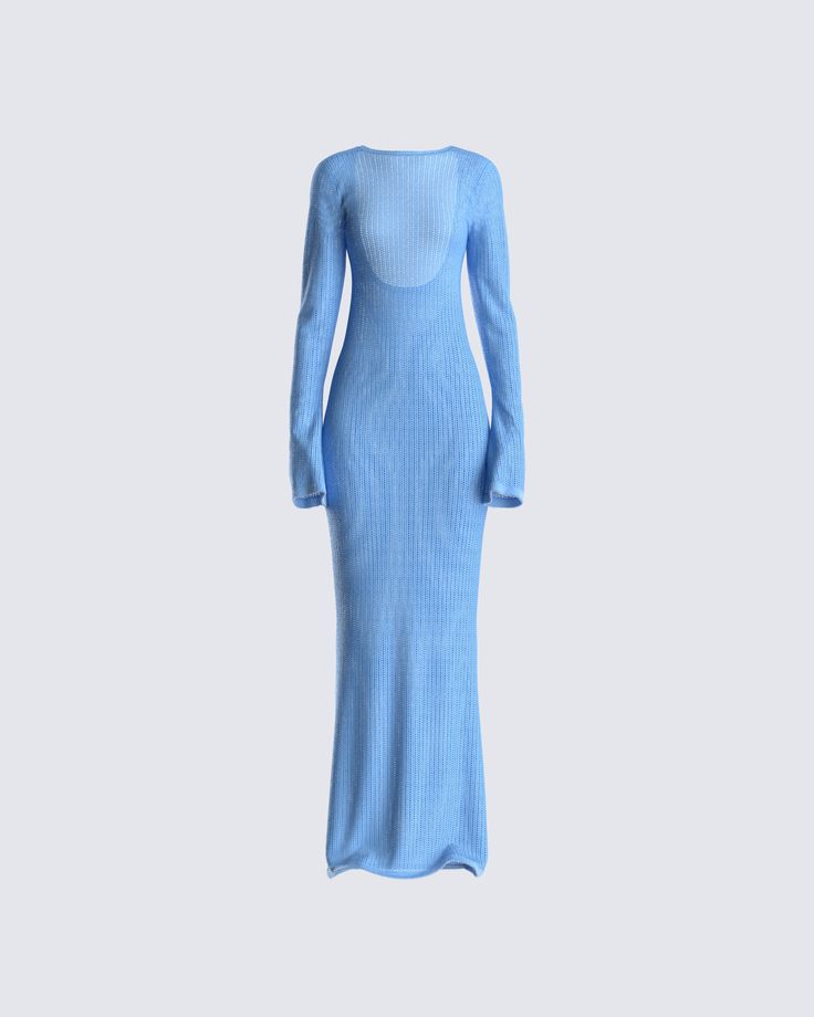 Move with a type of confidence they will all be envious of in this blue sweater knit maxi dress 💙 Crafted with crochet knit - this piece features a high front neckline, low scoop back, and flared long sleeves. Show them what you got in the most comfortable, yet elegant way 😇 Long Blue Dress Outfit, Blue Pregnancy Dress, Long Sleeve Blue Maxi Dress, Long Sleeve Blue Dress, White Corset Dress, Blue Sweater Dress, Blue Knit Dress, Basic Jeans, Knitwear Inspiration