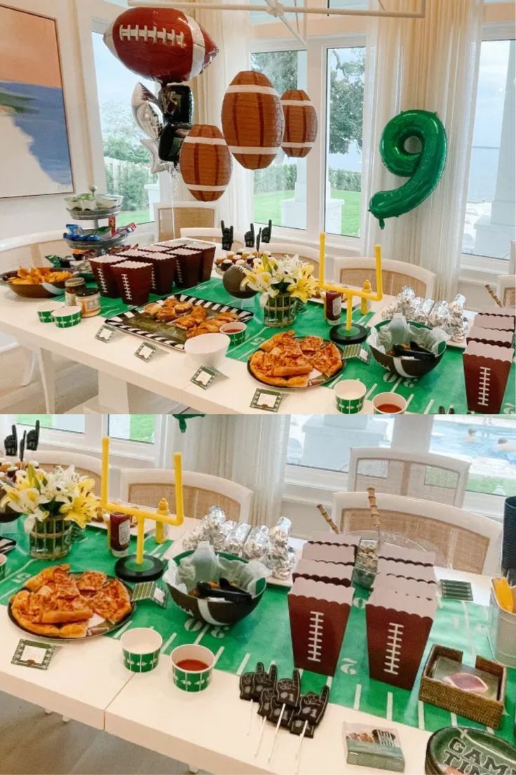 two pictures of a football themed party with food and drinks on the table in front of them