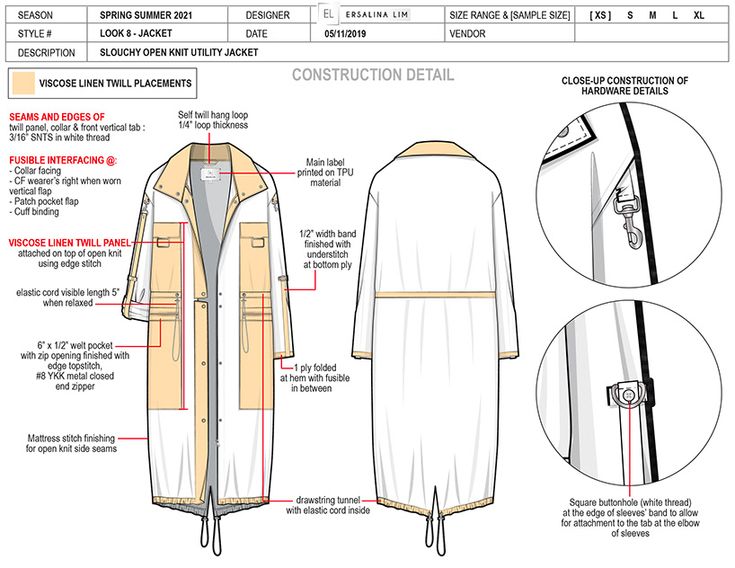 an image of a women's trench coat with measurements and instructions on the side