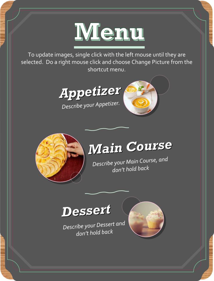 a menu with different types of food on it