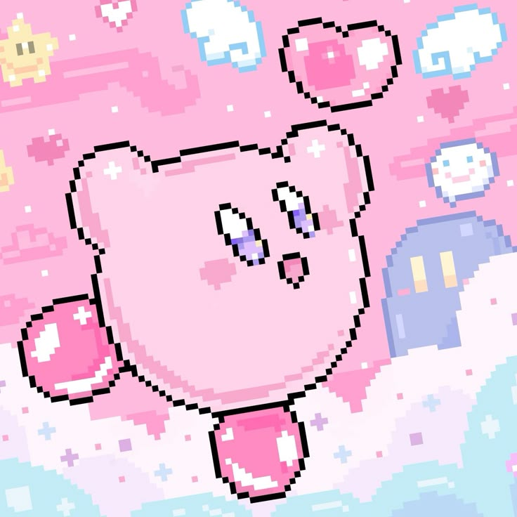 the pixel pig is standing in front of a pink background with clouds and stars on it