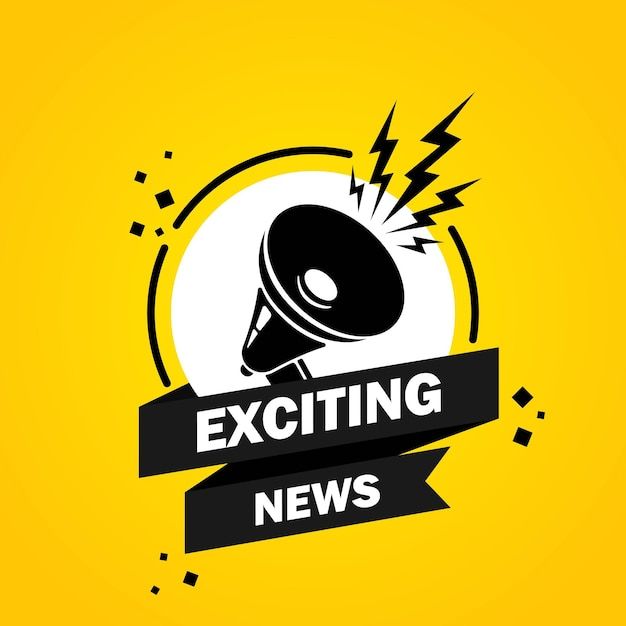 an excitting news logo with a megaphone and lightning coming out of it