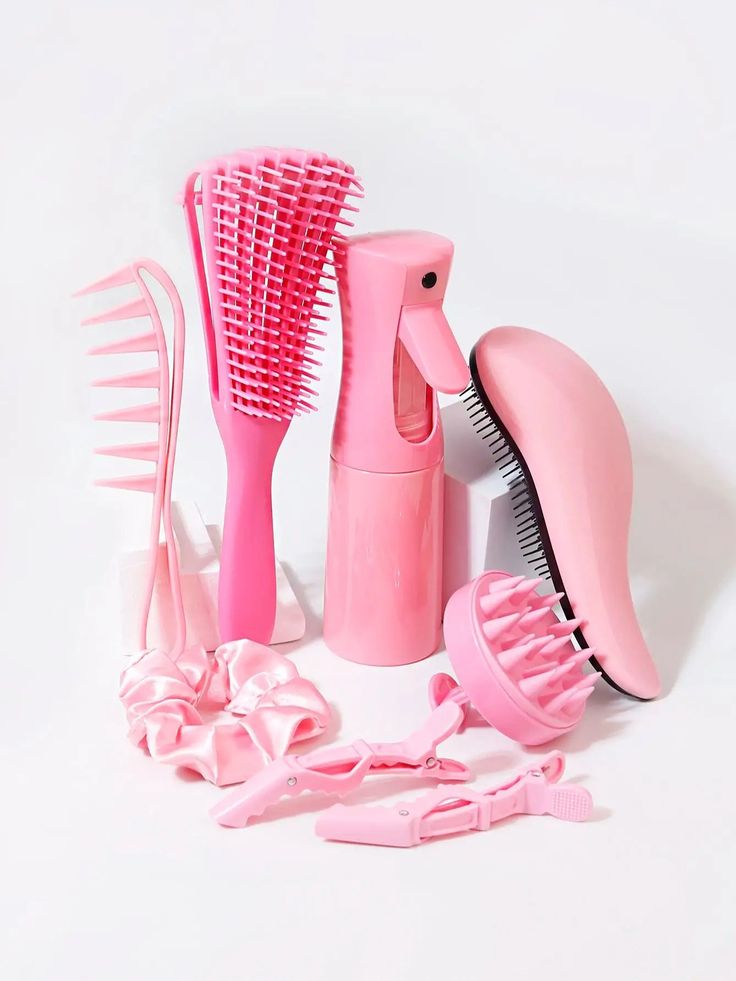 8PCS/Pink set hair styling set Tangle Free Hair, Scalp Massager, Hair Supplies, Detangling Brush, Wide Tooth Comb, Styling Brush, Hair Routine, Fluffy Hair, Birthday List