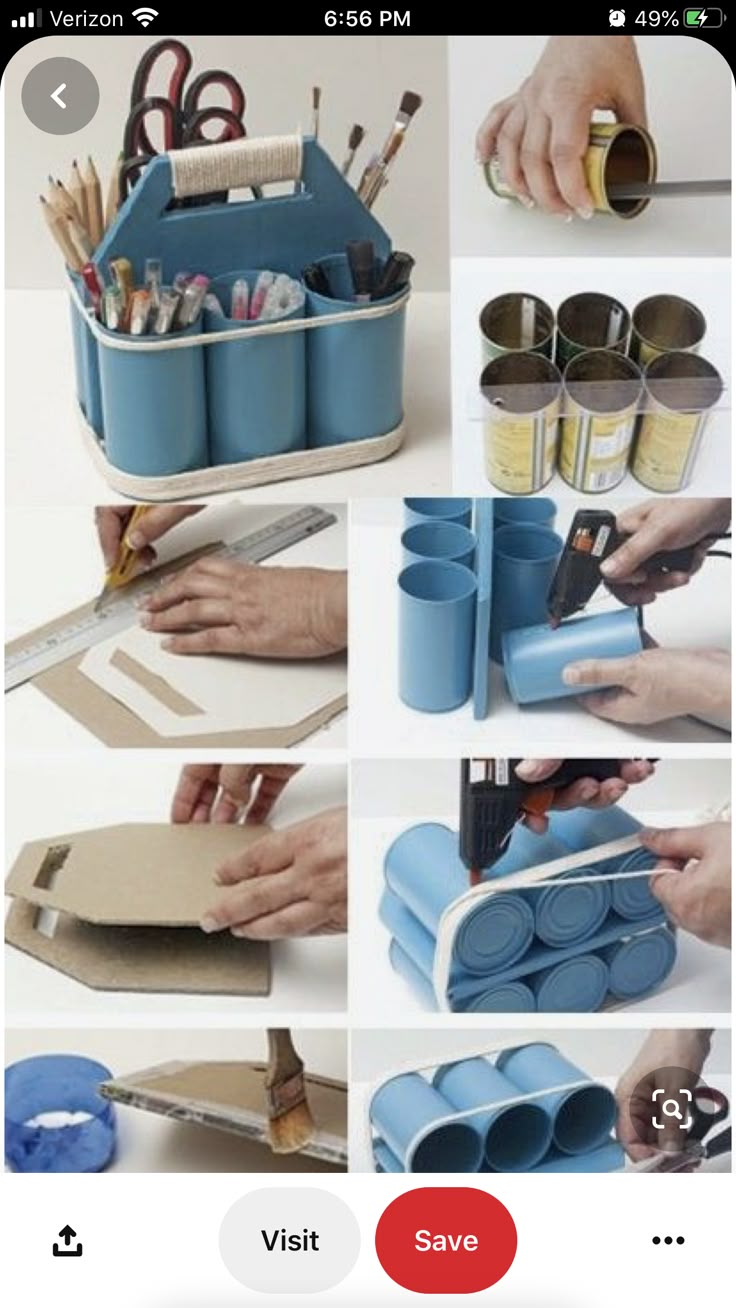 an iphone photo showing the steps to make a diy organizer with blue tins