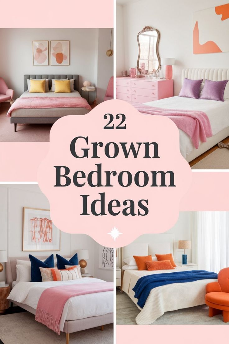 Four stylish bedrooms with colorful decor, featuring pink, purple, and orange accents. Text in center reads "22 Grown Bedroom Ideas". Minimalist Bedroom Color Scheme, Single Female Bedroom Ideas, Woman’s Bedroom Ideas, Pink Bedroom Decor Ideas For Women, Adult Girl Bedroom Designs, Bedroom Themes For Women, Pretty Bedrooms For Women, Single Women Bedroom Ideas, Ideas For Women’s Bedroom