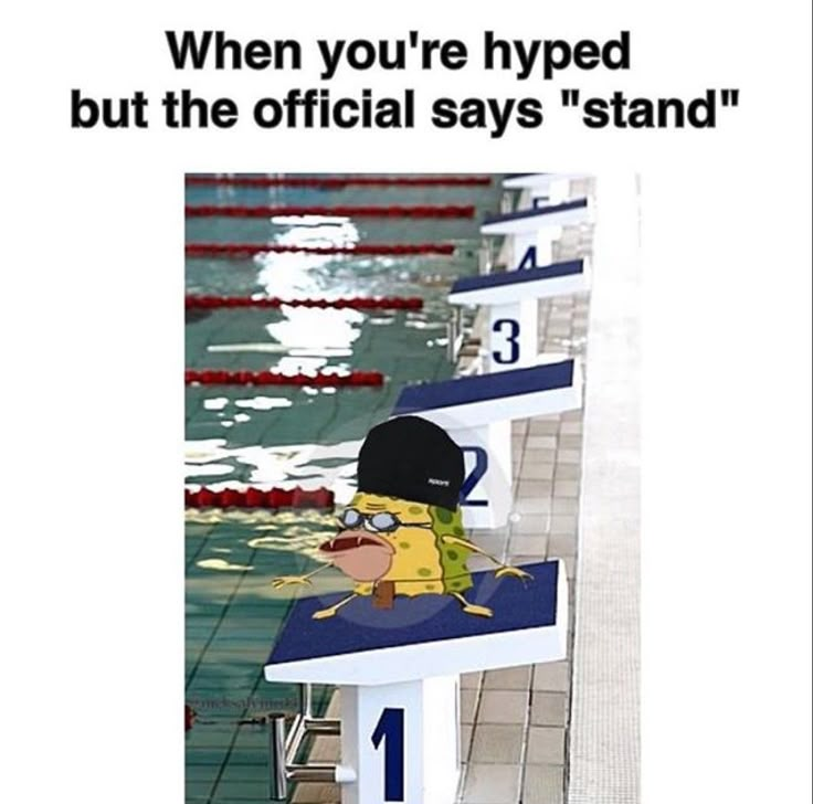 a cartoon character sitting on top of a bench next to a swimming pool with the caption, when you're hyped but the official says stand